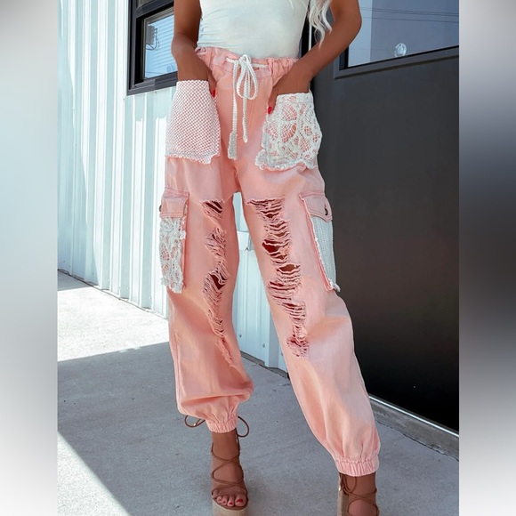 POL Clothing Peach Patchwork Crochet Lace Drawstring Distressed Jogger - Picture 9 of 10